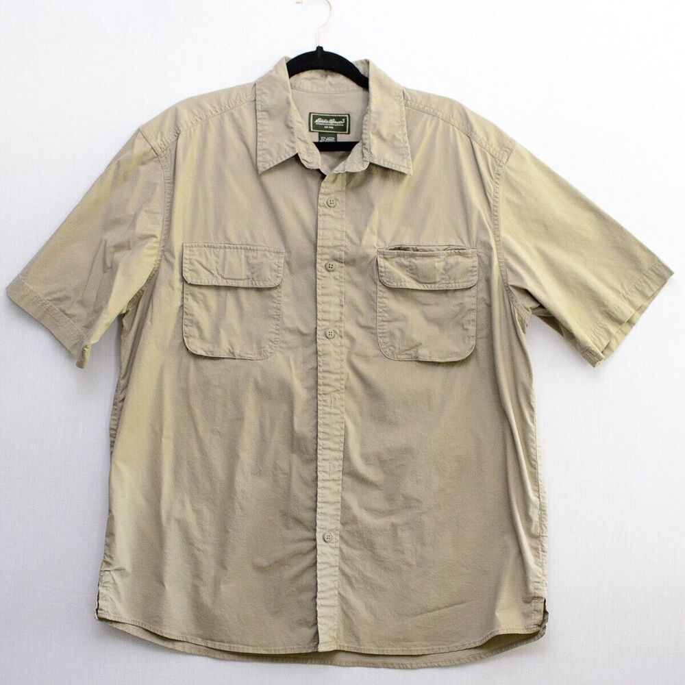 Eddie Bauer Outdoor Outfitters Short Sleeve Khaki tan hook loop pockets fishing